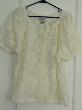 Calypso Button Front Eyelet Embroidered Top Cream Sz L NWOT Cottagecore